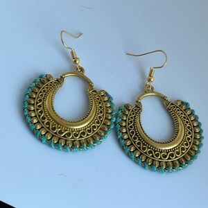Gold Tone with Turquoise Dangle Earrings